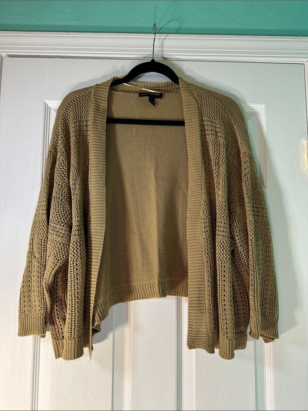 Lane Bryant Olive-Tan Open Knit Draped Cardigan